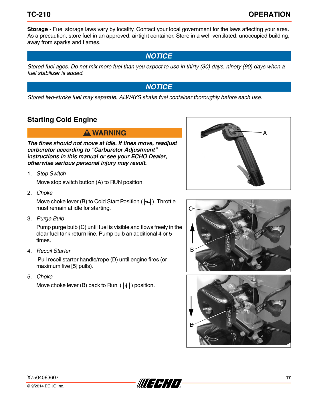 Echo TC-210 specifications Starting Cold Engine, Purge Bulb 