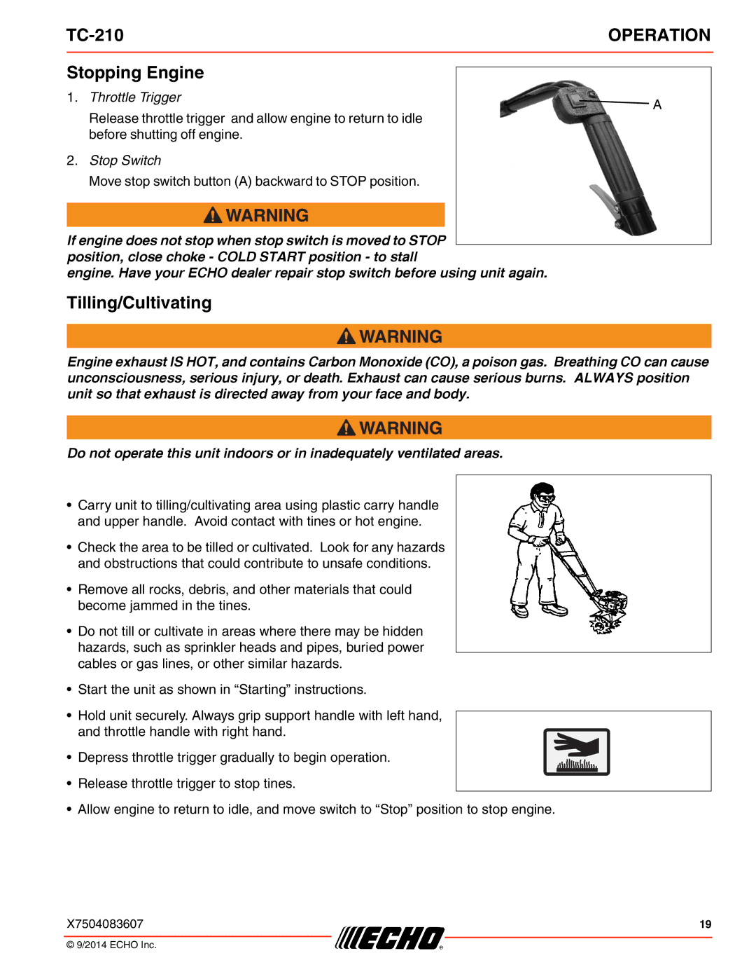 Echo TC-210 specifications Stopping Engine, Tilling/Cultivating 