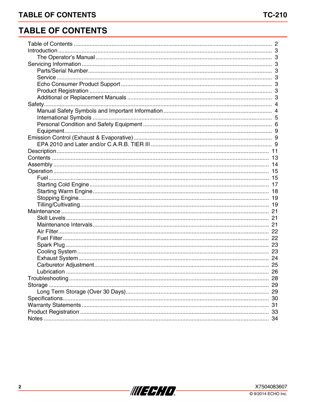 Echo TC-210 specifications Table of Contents 