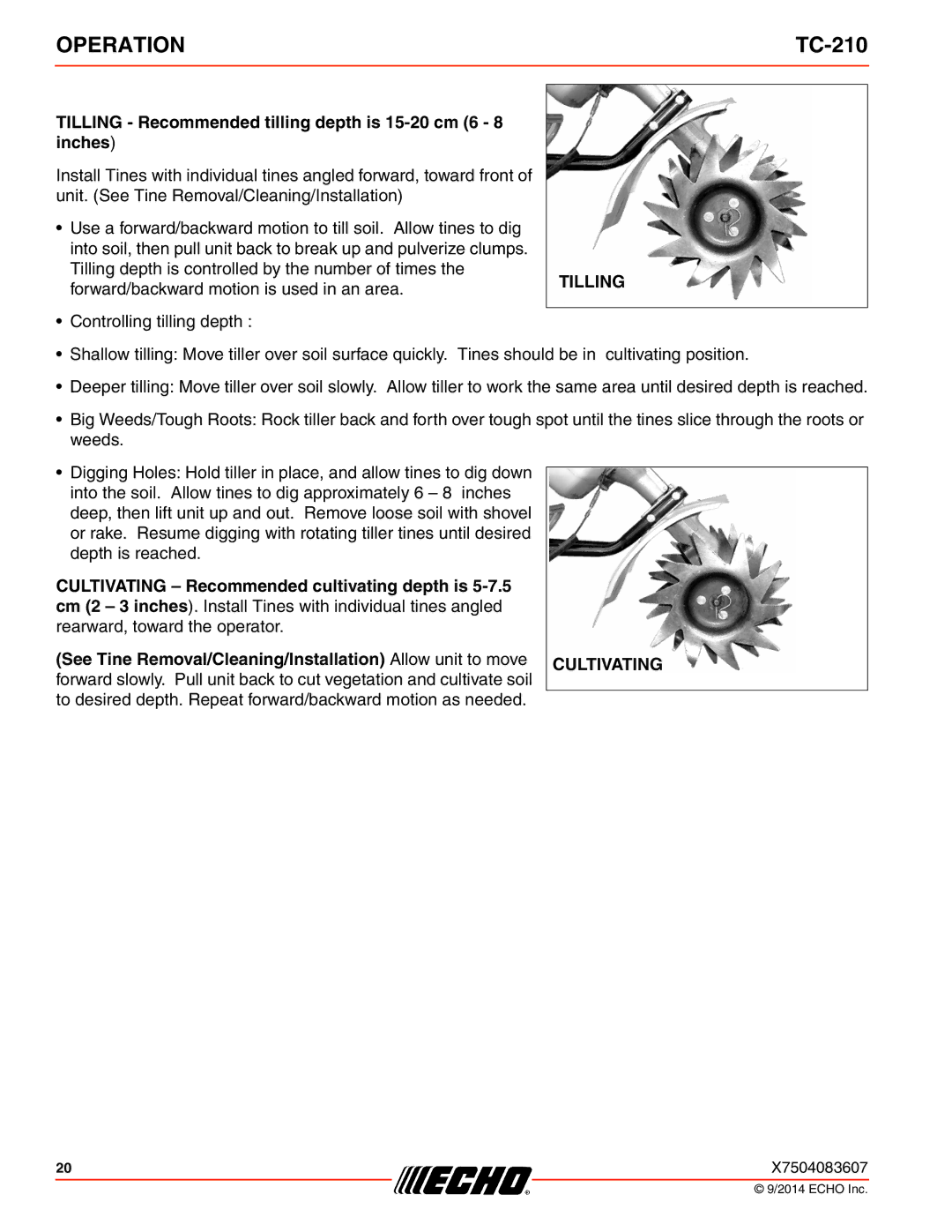 Echo TC-210 specifications Cultivating 