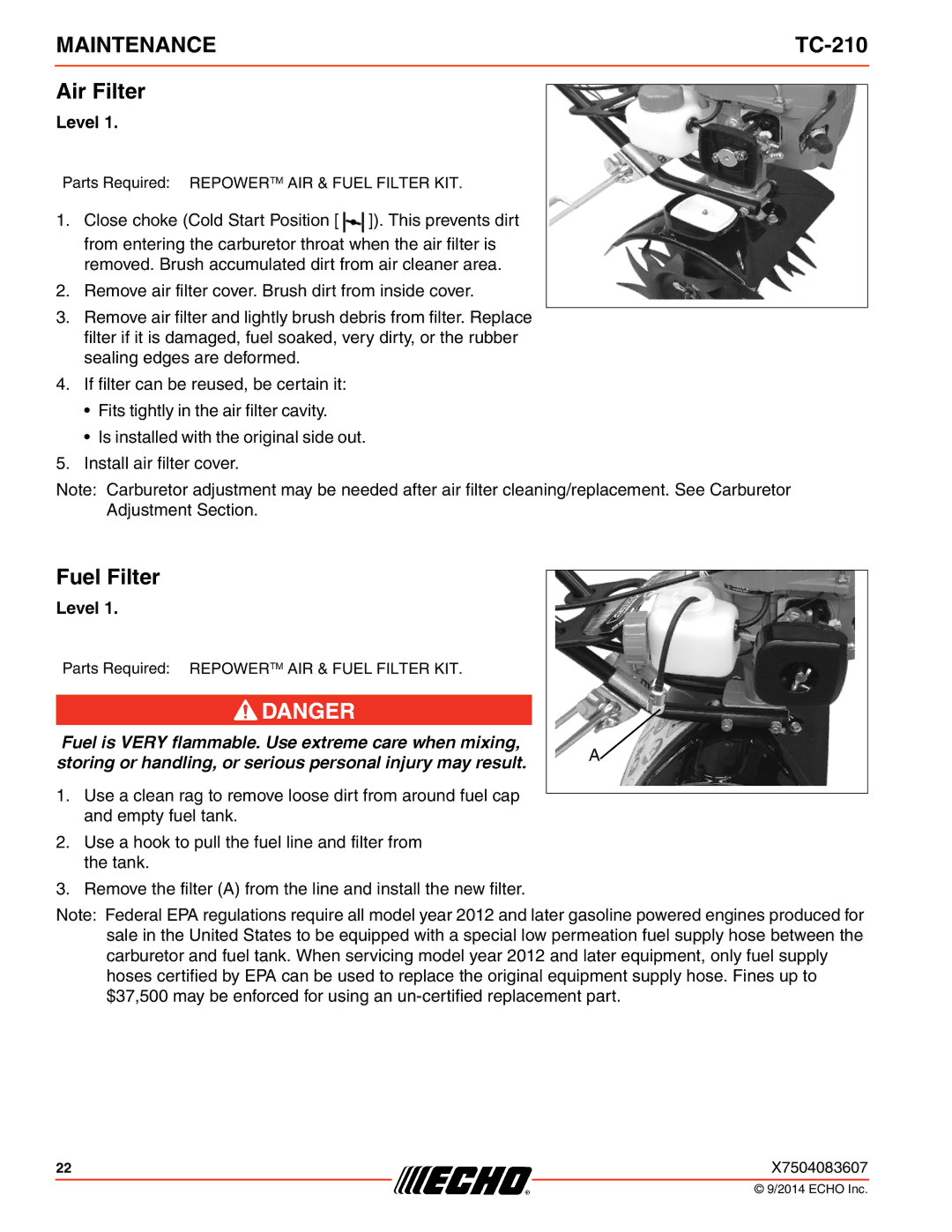 Echo TC-210 specifications Air Filter, Fuel Filter 