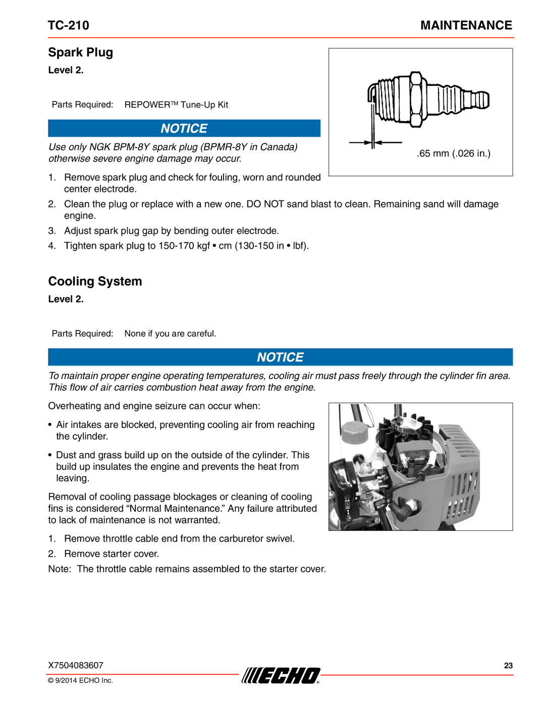 Echo TC-210 specifications Spark Plug, Cooling System 