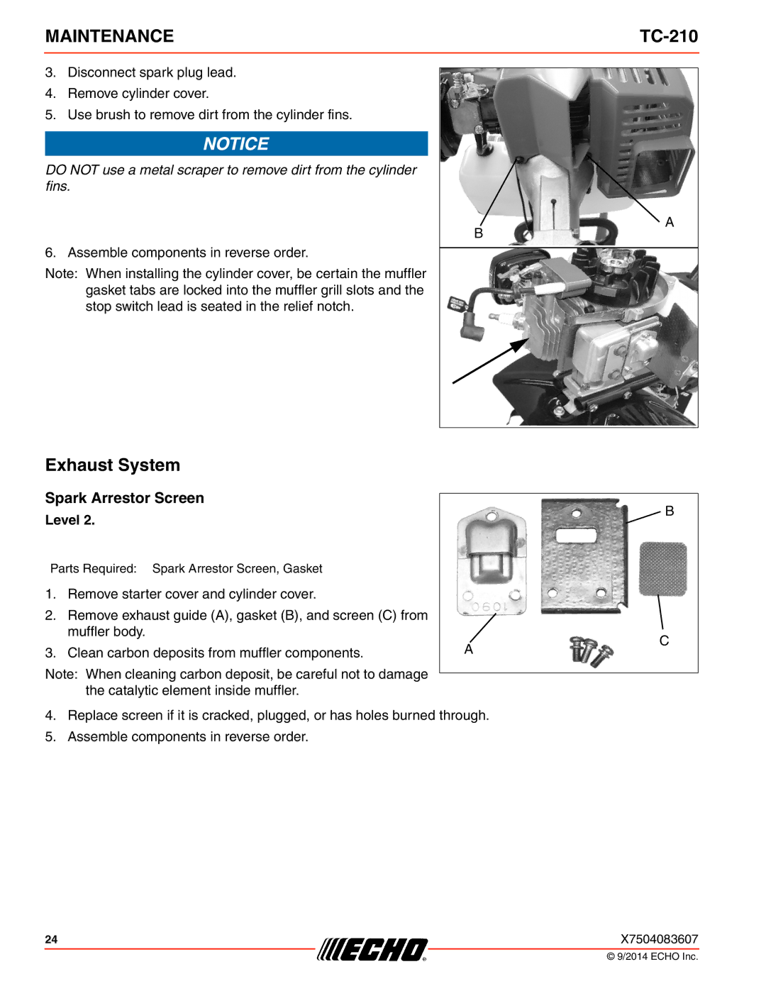 Echo TC-210 specifications Exhaust System, Spark Arrestor Screen 