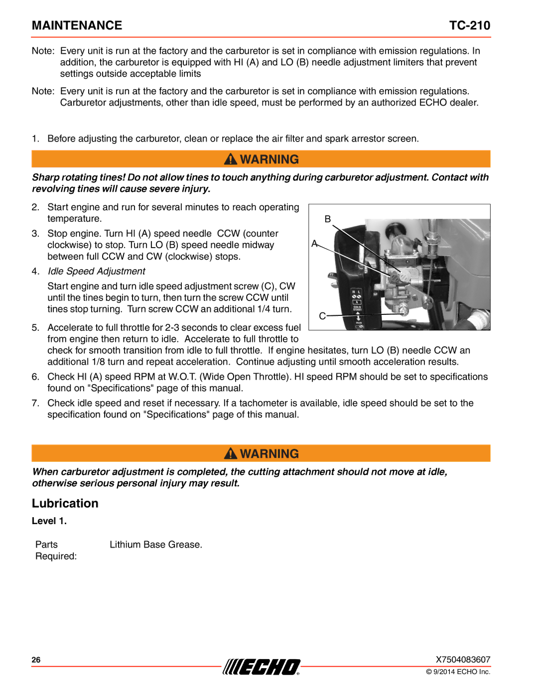 Echo TC-210 specifications Lubrication, Idle Speed Adjustment 