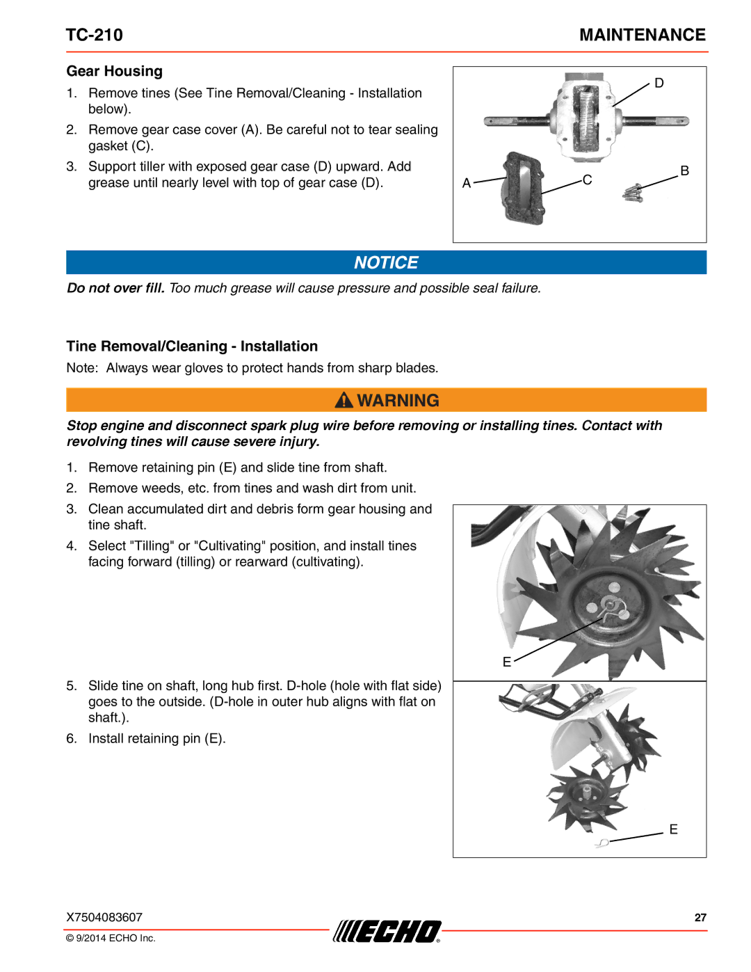 Echo TC-210 specifications Gear Housing, Tine Removal/Cleaning Installation 