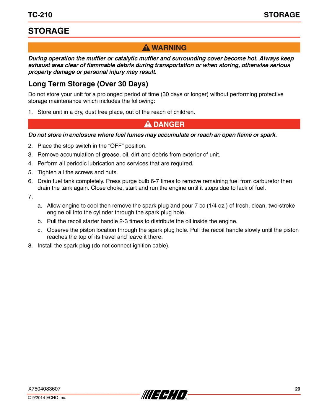 Echo TC-210 specifications Long Term Storage Over 30 Days 