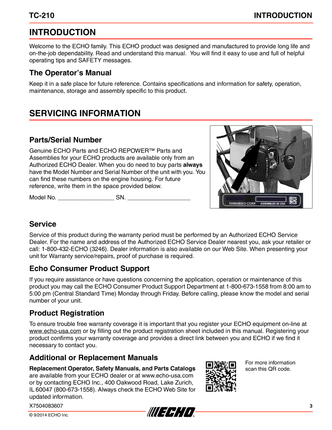 Echo TC-210 specifications Introduction, Servicing Information 