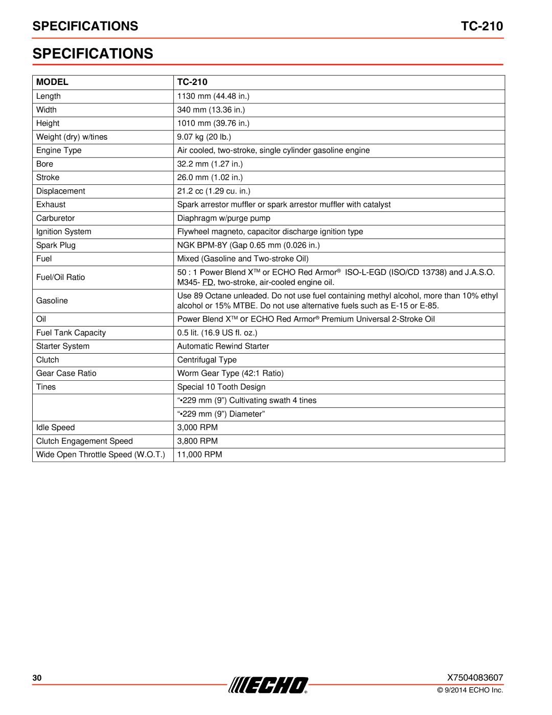 Echo TC-210 specifications Specifications, Model 