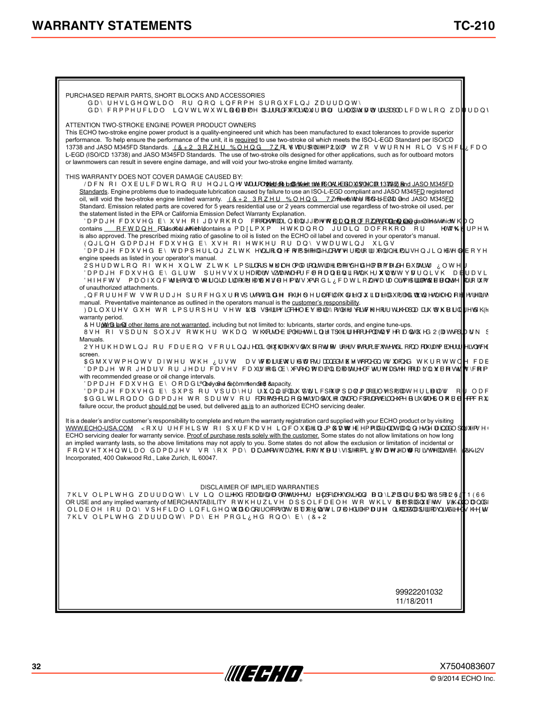 Echo TC-210 specifications Warranty Statements 