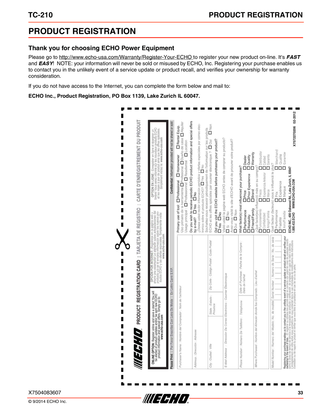 Echo TC-210 specifications Product Registration, Thank you for choosing Echo Power Equipment 