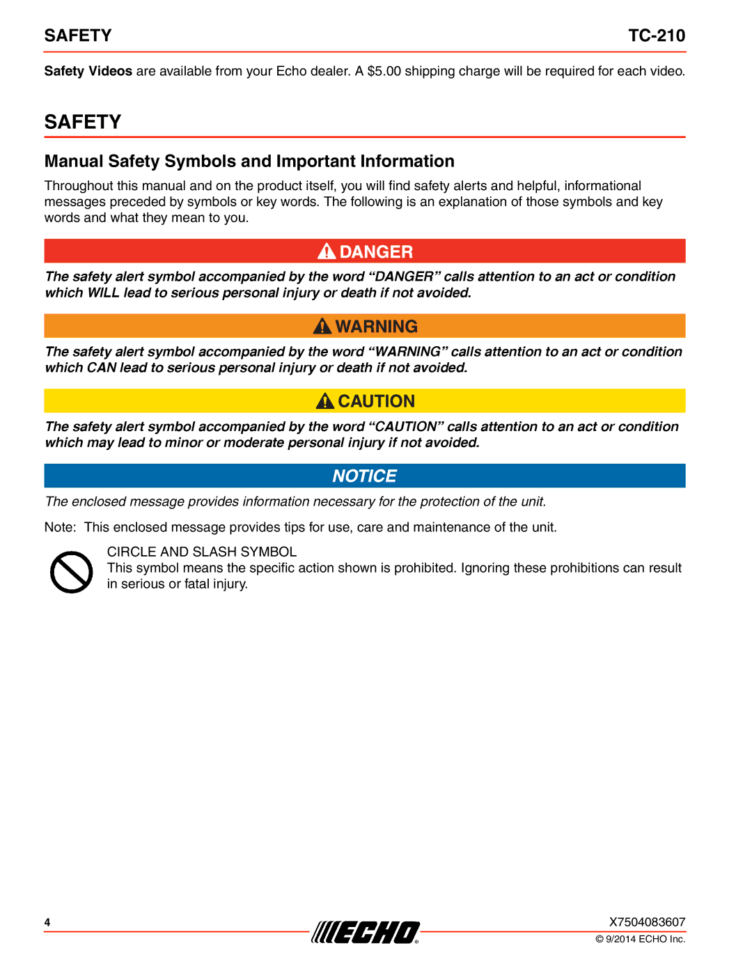 Echo TC-210 specifications Manual Safety Symbols and Important Information 