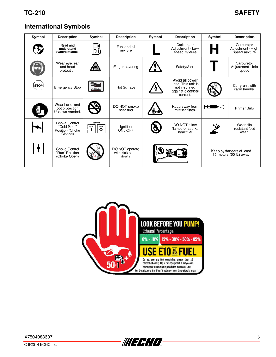 Echo TC-210 specifications International Symbols, Mixture 