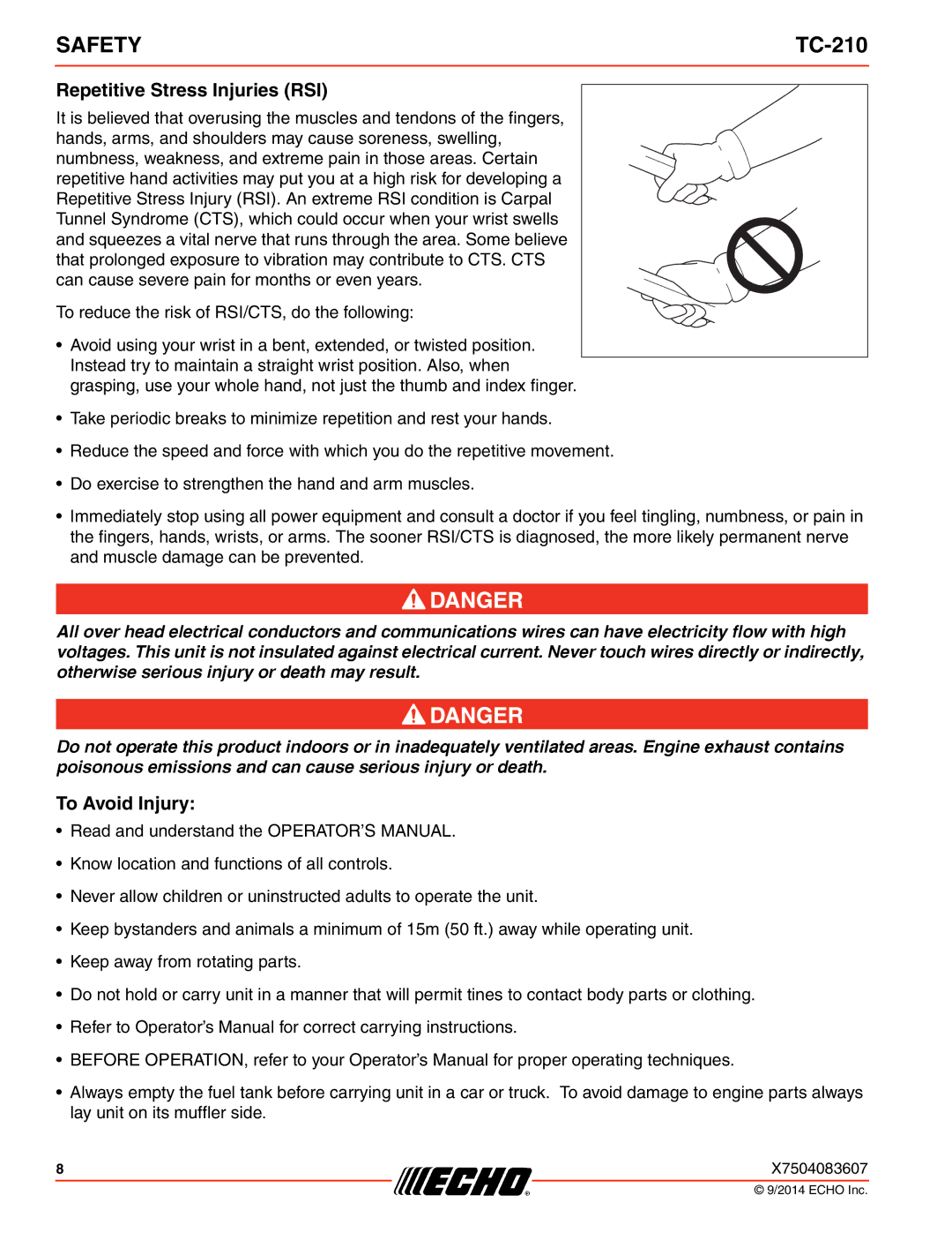 Echo TC-210 specifications Repetitive Stress Injuries RSI, To Avoid Injury 