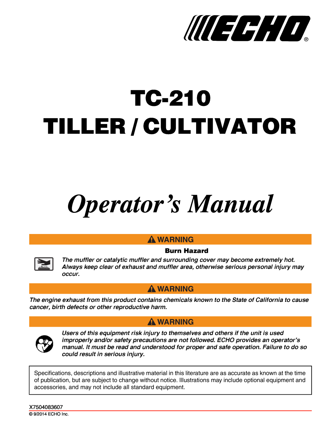 Echo specifications Burn Hazard, Operator’s Manual, TC-210 TILLER / CULTIVATOR 