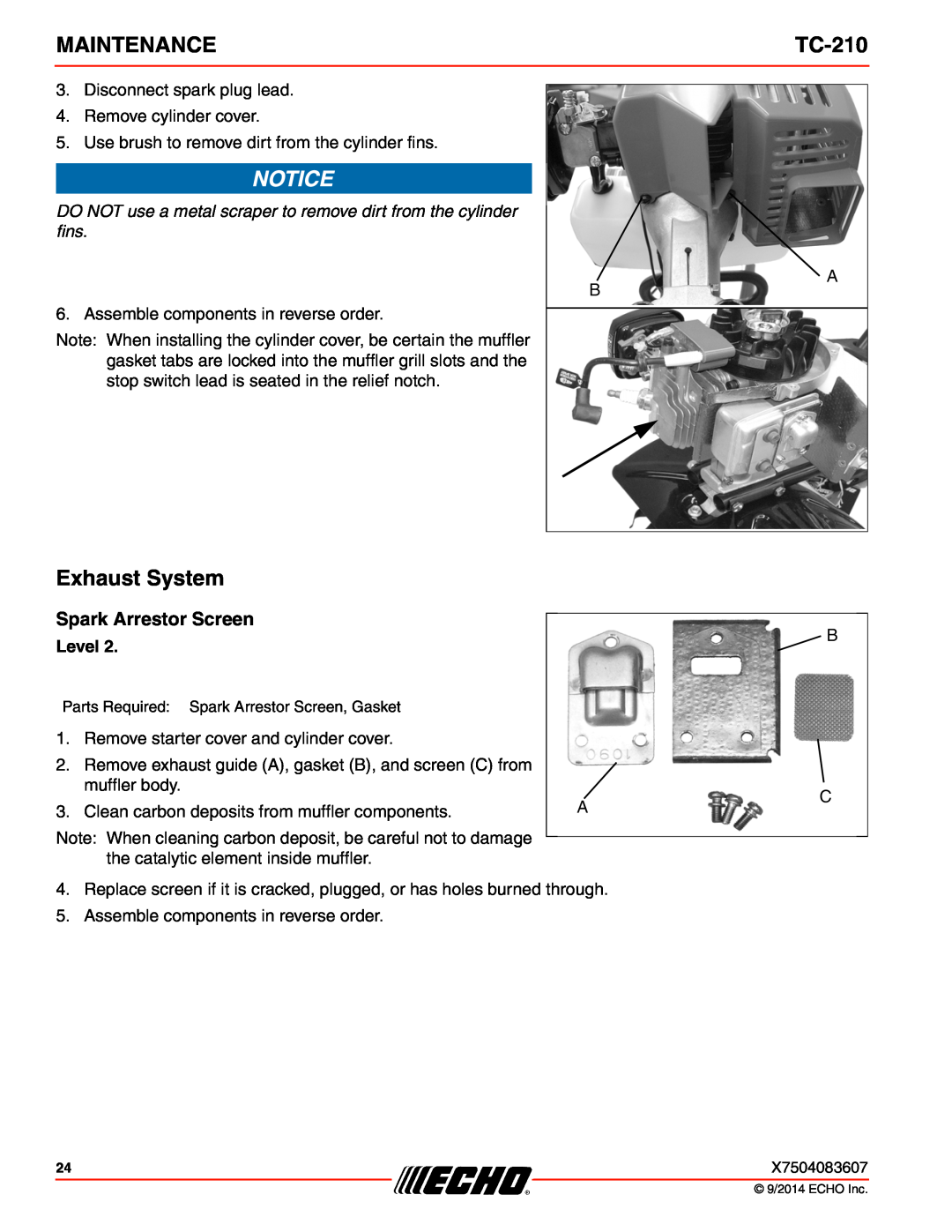Echo TC-210 specifications Exhaust System, Spark Arrestor Screen, Maintenance 