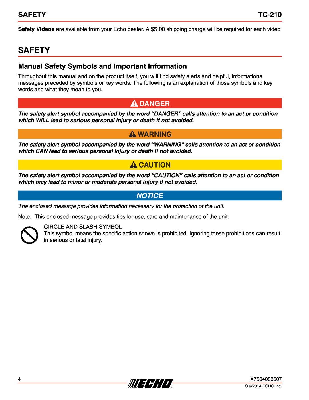 Echo TC-210 specifications Manual Safety Symbols and Important Information 