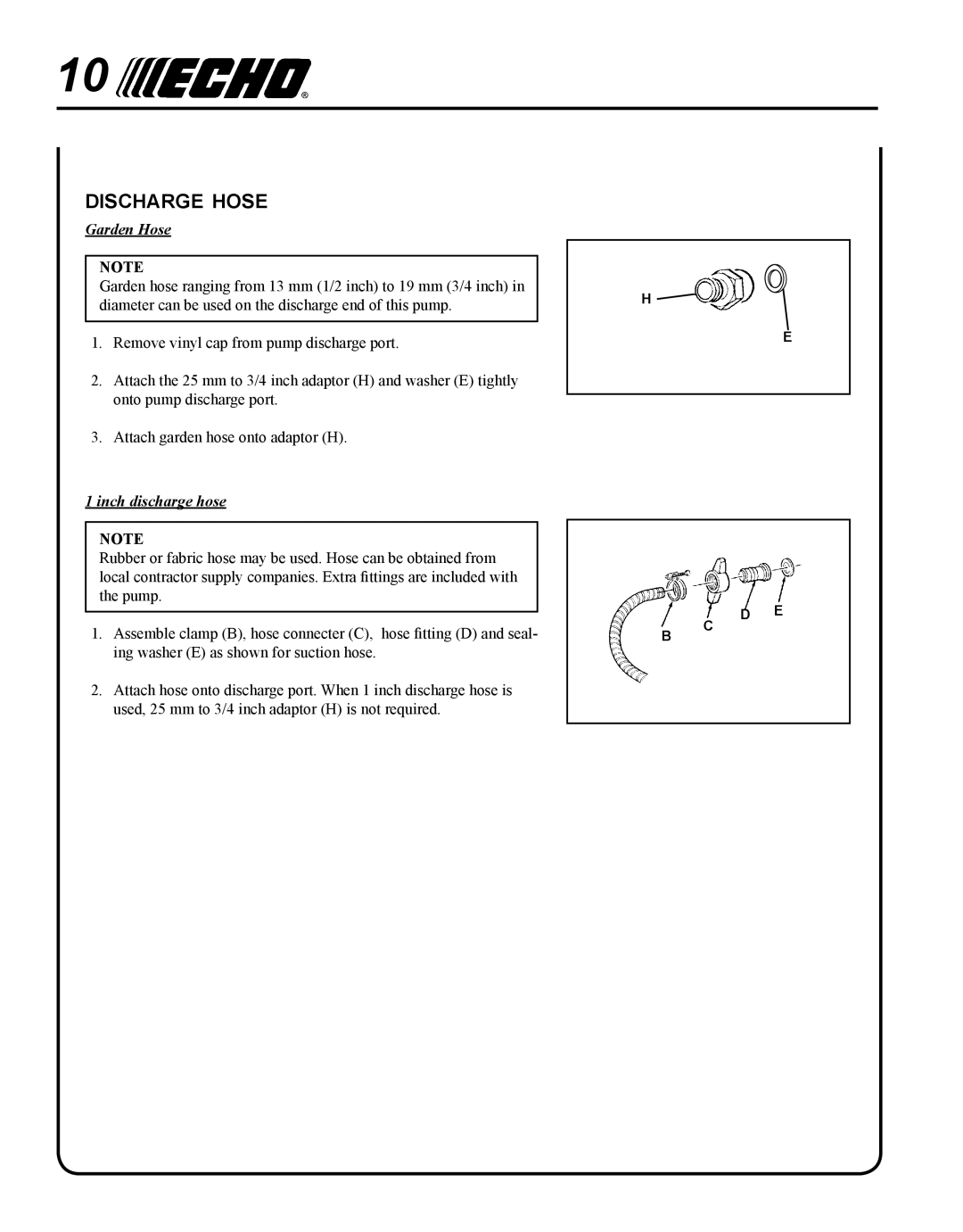 Echo WP-1000 T1E manual Discharge hose, Garden Hose 