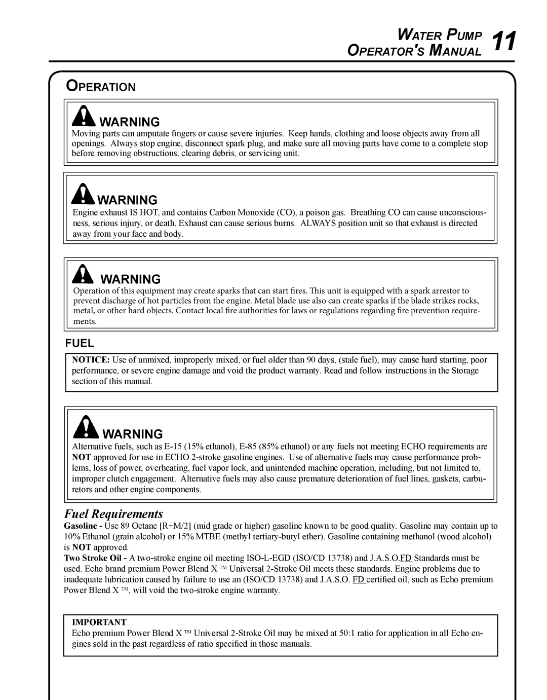 Echo WP-1000 T1E manual Fuel Requirements, Operation 