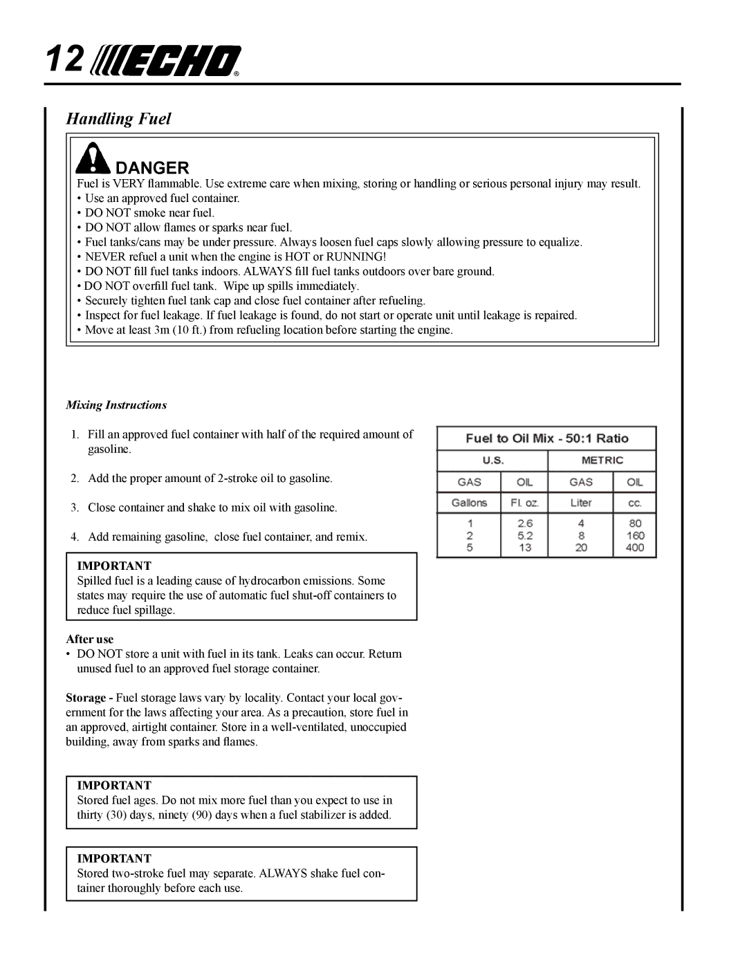 Echo WP-1000 T1E manual Handling Fuel, Mixing Instructions 