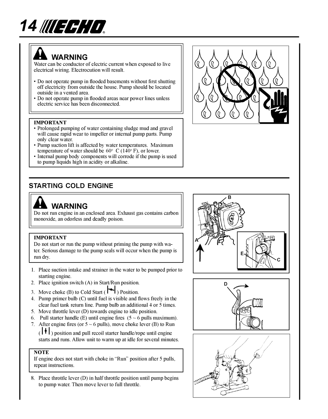 Echo WP-1000 T1E manual Starting cold engine 