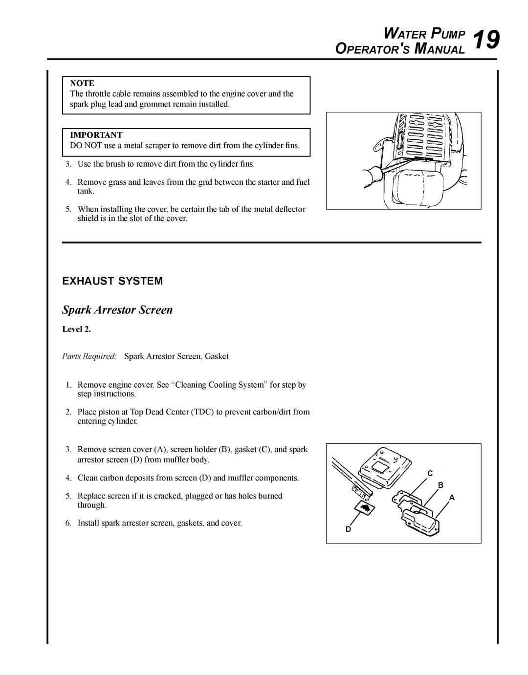 Echo WP-1000 T1E manual Spark Arrestor Screen, Exhaust system 