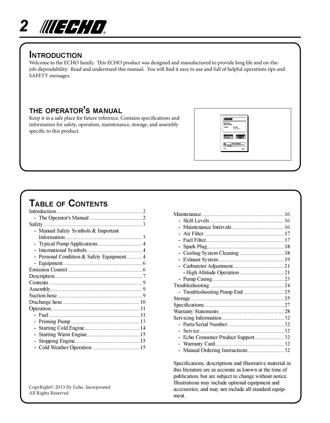 Echo WP-1000 T1E Introduction, Operators manual, Table of Contents 