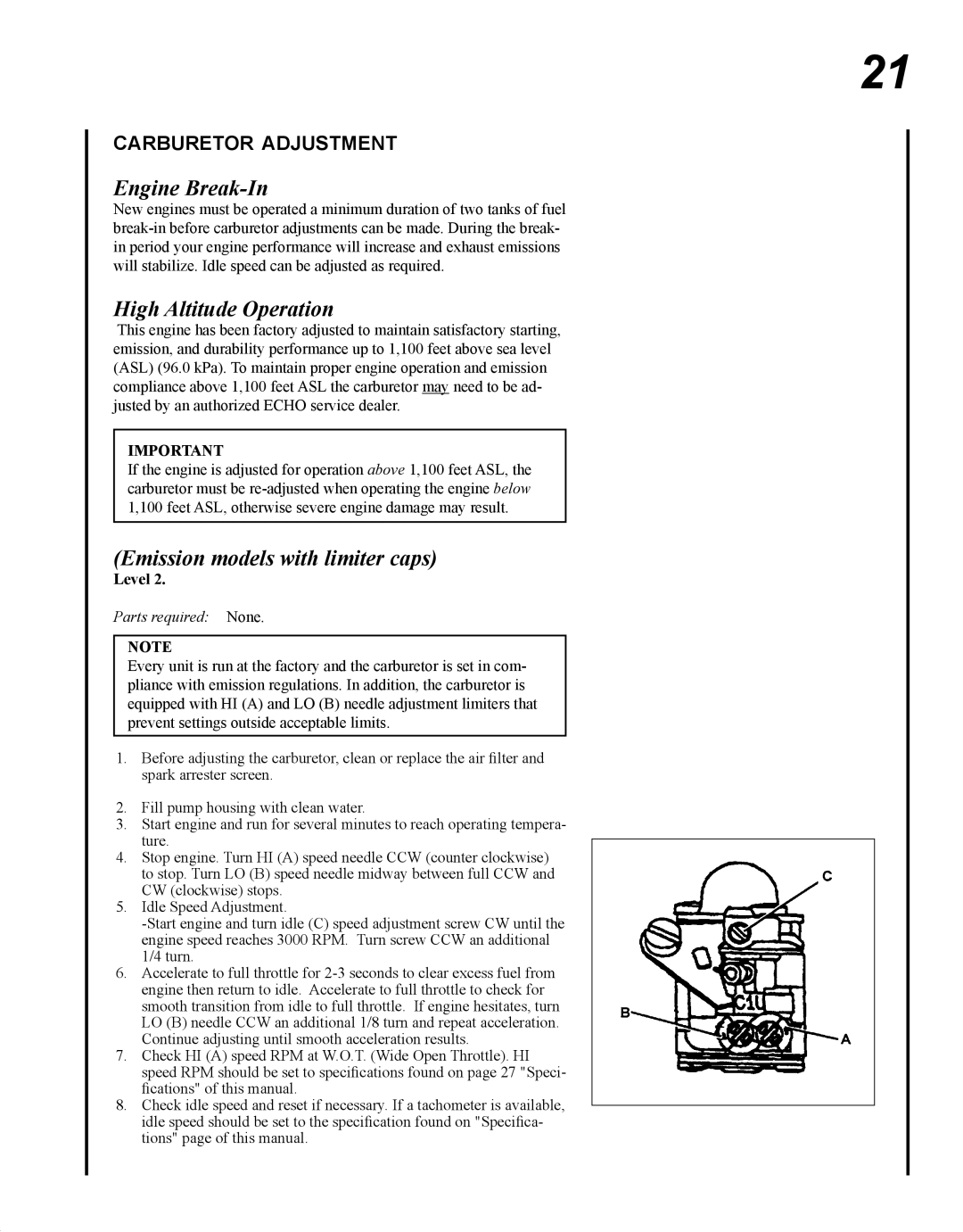 Echo WP-1000 T1E manual Engine Break-In, High Altitude Operation, Emission models with limiter caps, Carburetor adjustment 