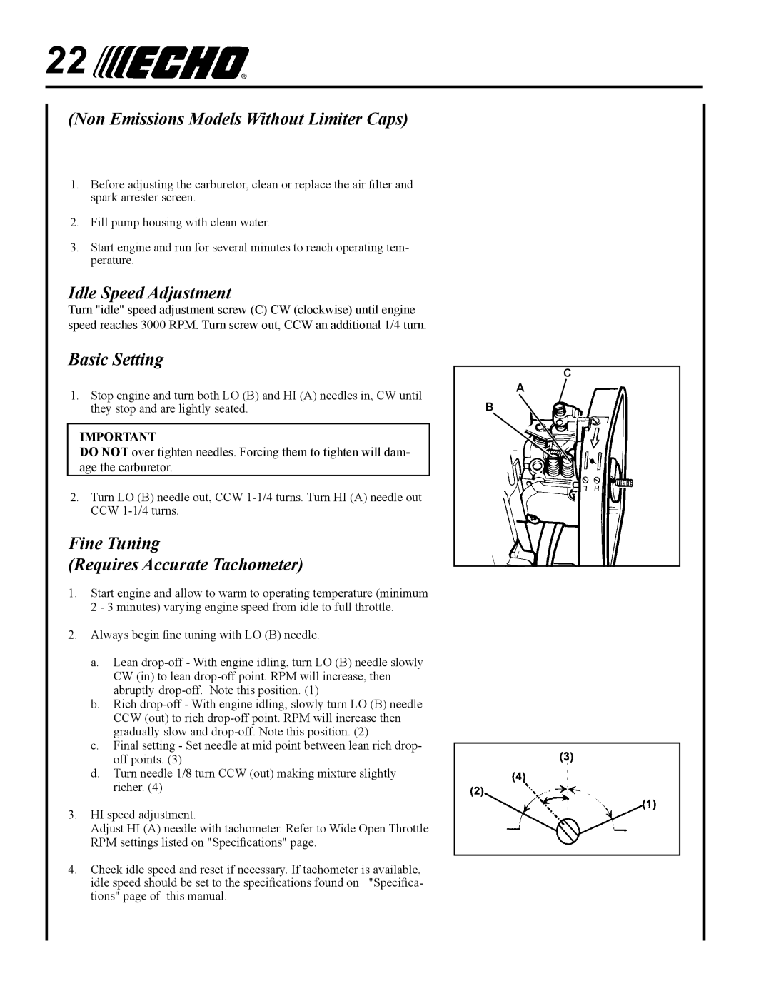 Echo WP-1000 T1E manual Non Emissions Models Without Limiter Caps, Idle Speed Adjustment, Basic Setting 