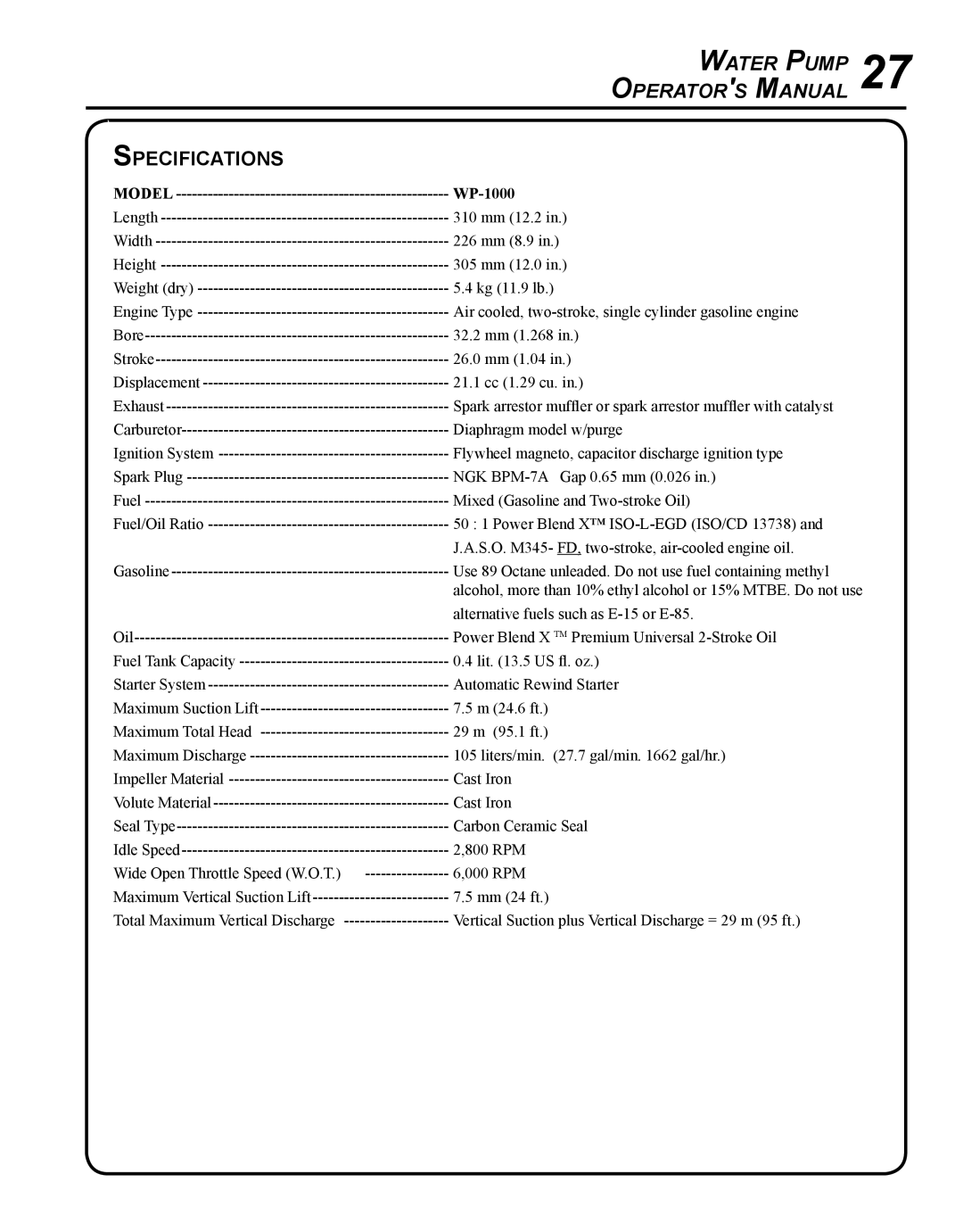 Echo WP-1000 T1E manual Water Pump Operator s Manual, Specifications 