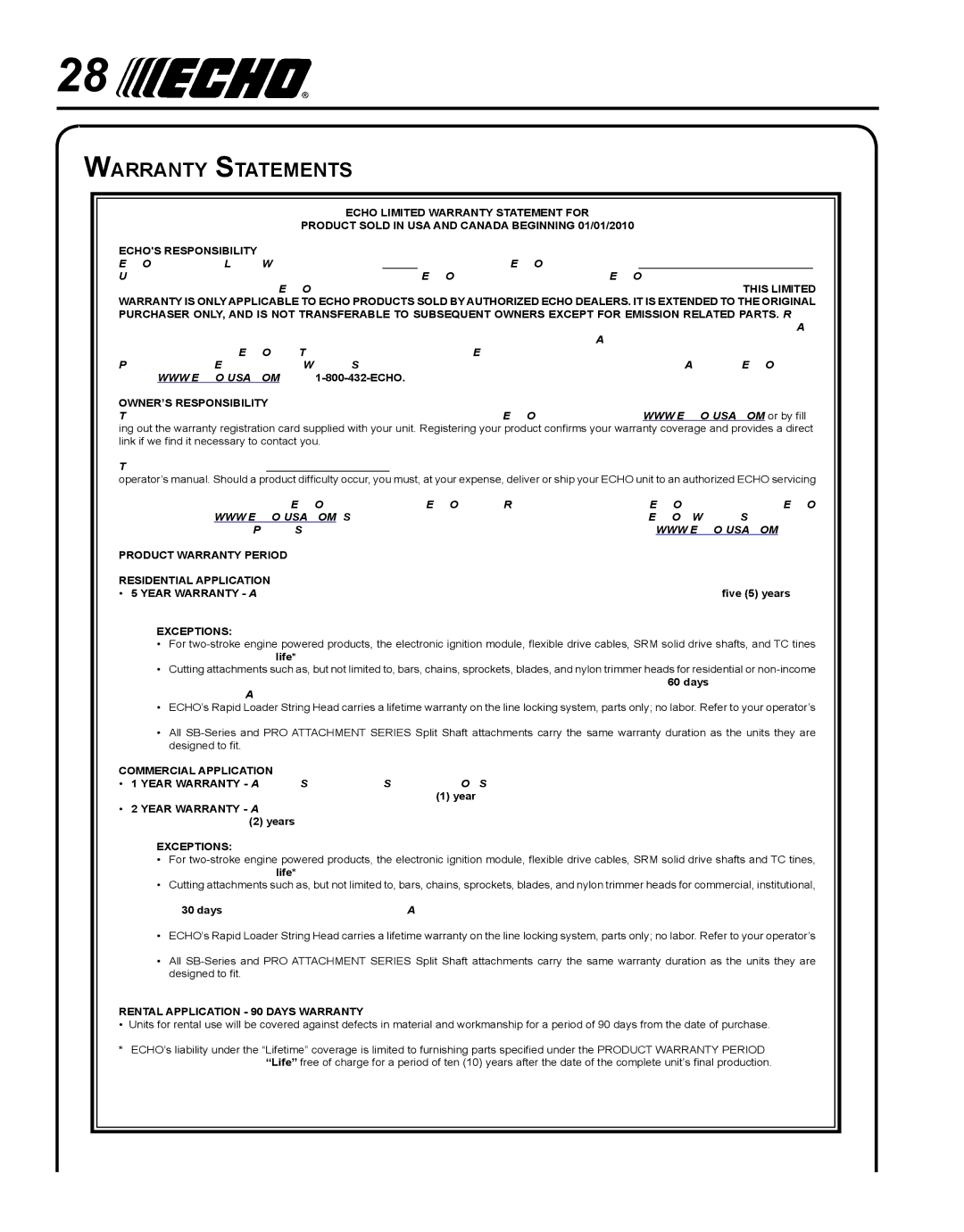 Echo WP-1000 T1E manual Warranty Statements, Exceptions 