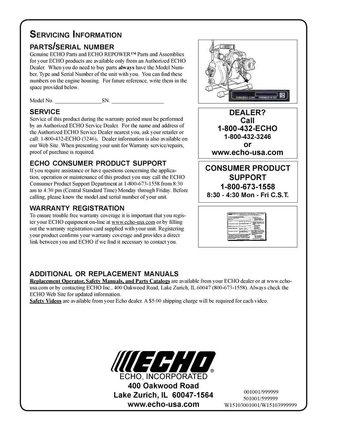 Echo WP-1000 T1E manual Servicing Information parts/serial number, Service, Echo consumer product support 