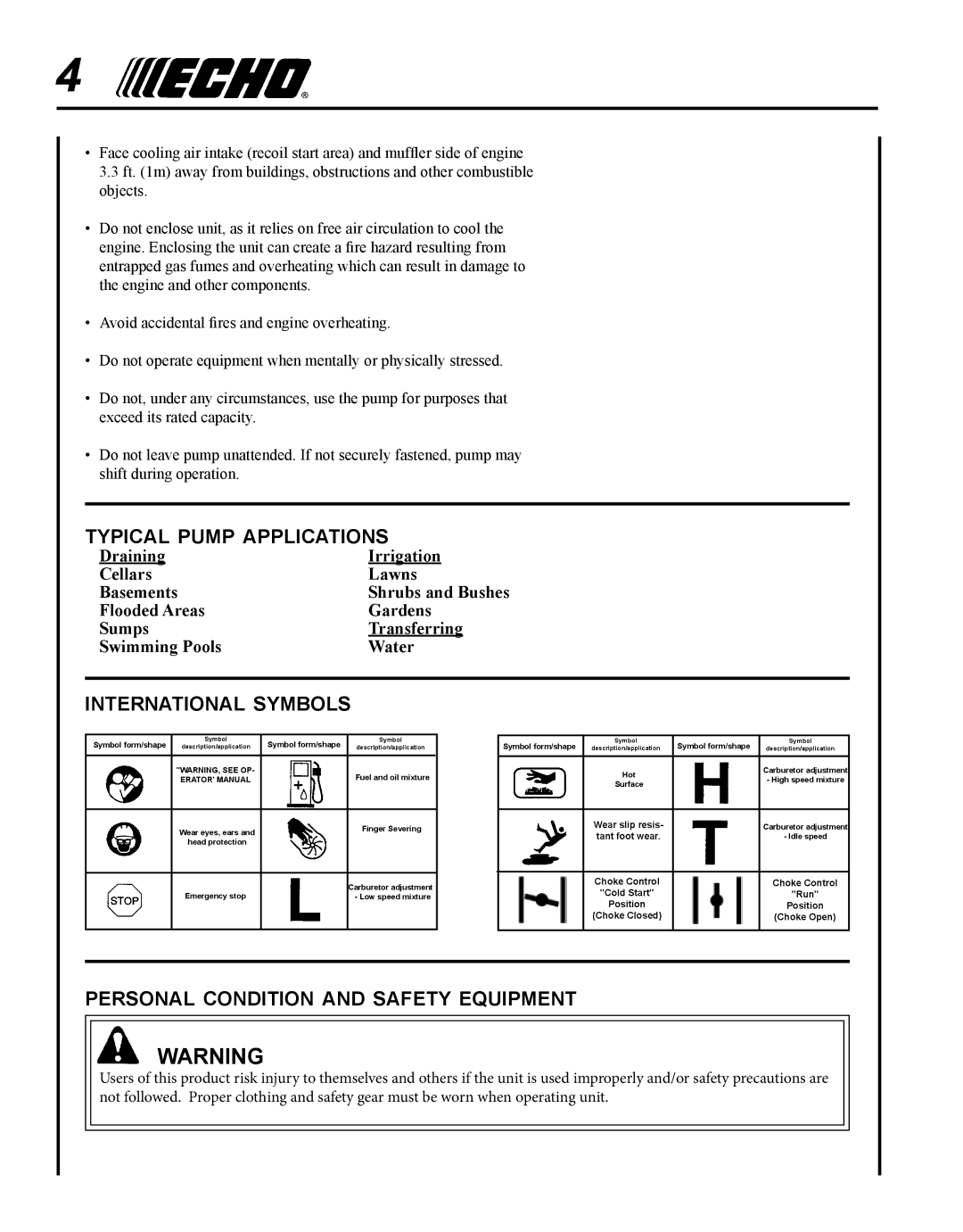 Echo WP-1000 T1E manual Typical pump applications, International symbols, Personal condition and safety equipment 