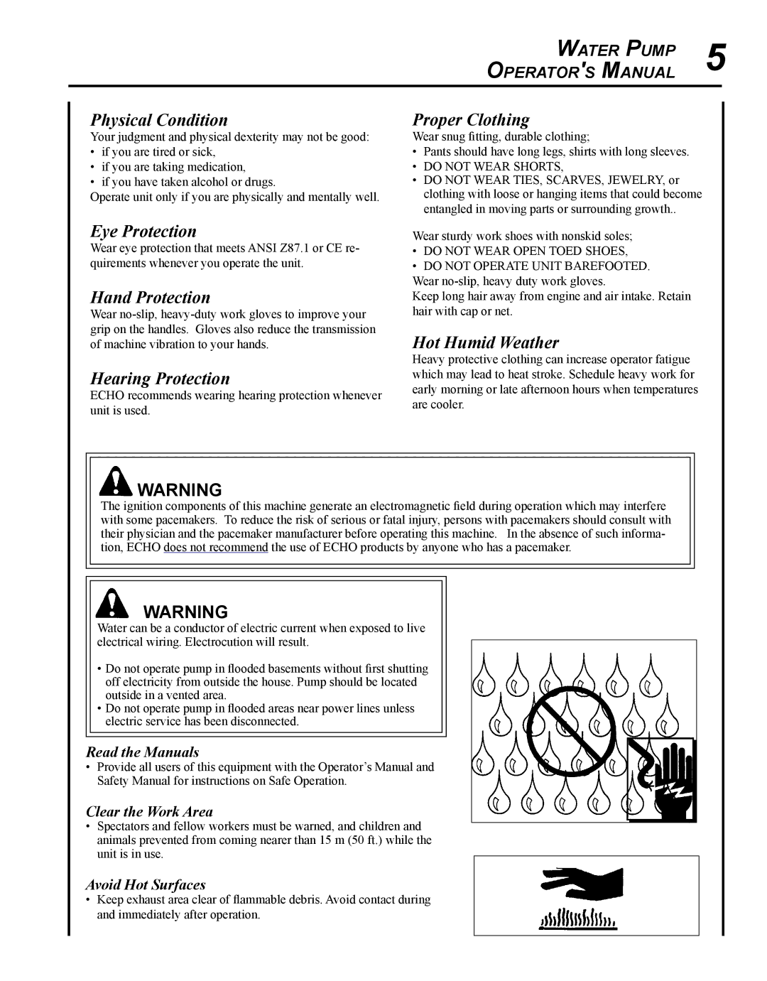 Echo WP-1000 T1E manual Physical Condition, Proper Clothing, Eye Protection, Hand Protection, Hearing Protection 