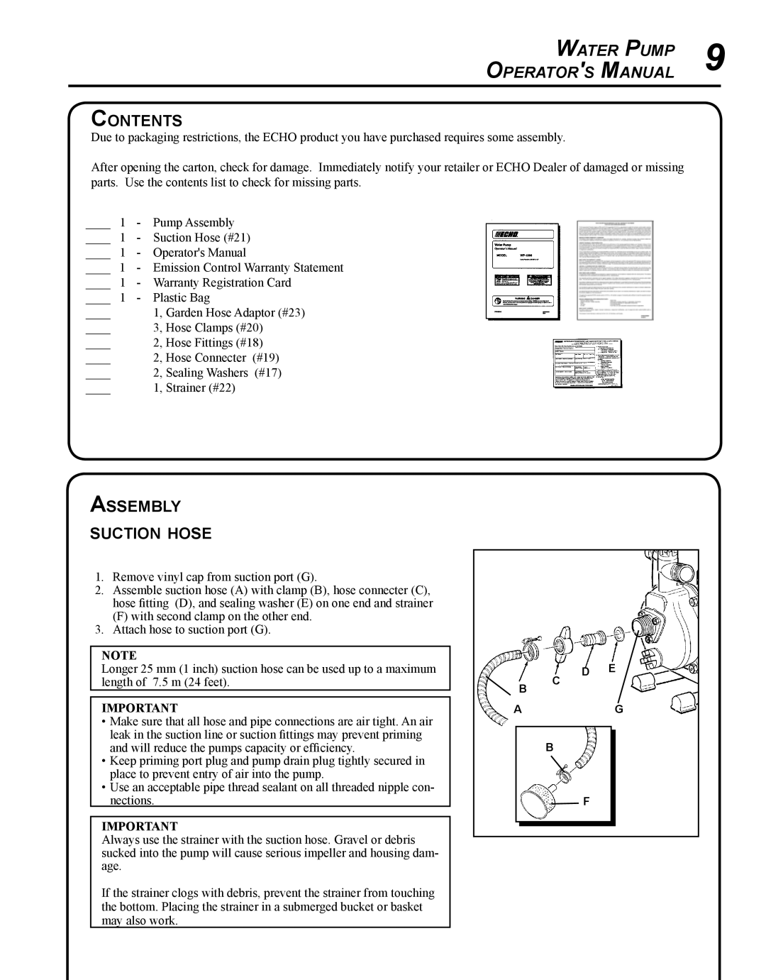 Echo WP-1000 T1E manual Contents, Assembly suction hose 