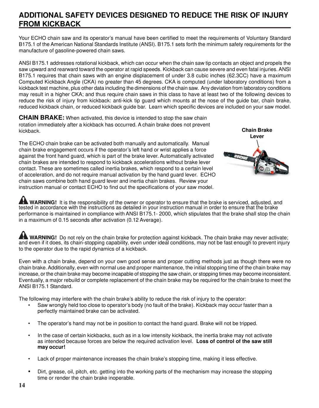 Echo X52000020 instruction manual Chain Brake Lever 