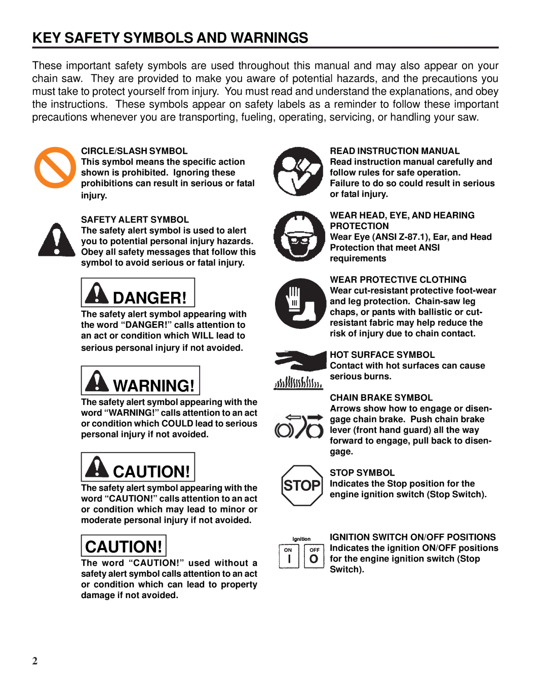 Echo X52000020 instruction manual KEY Safety Symbols and Warnings, CIRCLE/SLASH Symbol 