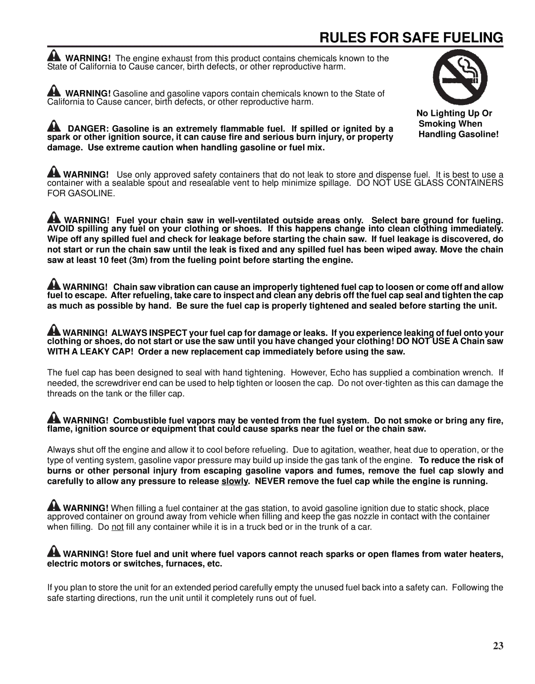 Echo X52000020 instruction manual Rules for Safe Fueling, No Lighting Up Or Smoking When Handling Gasoline 