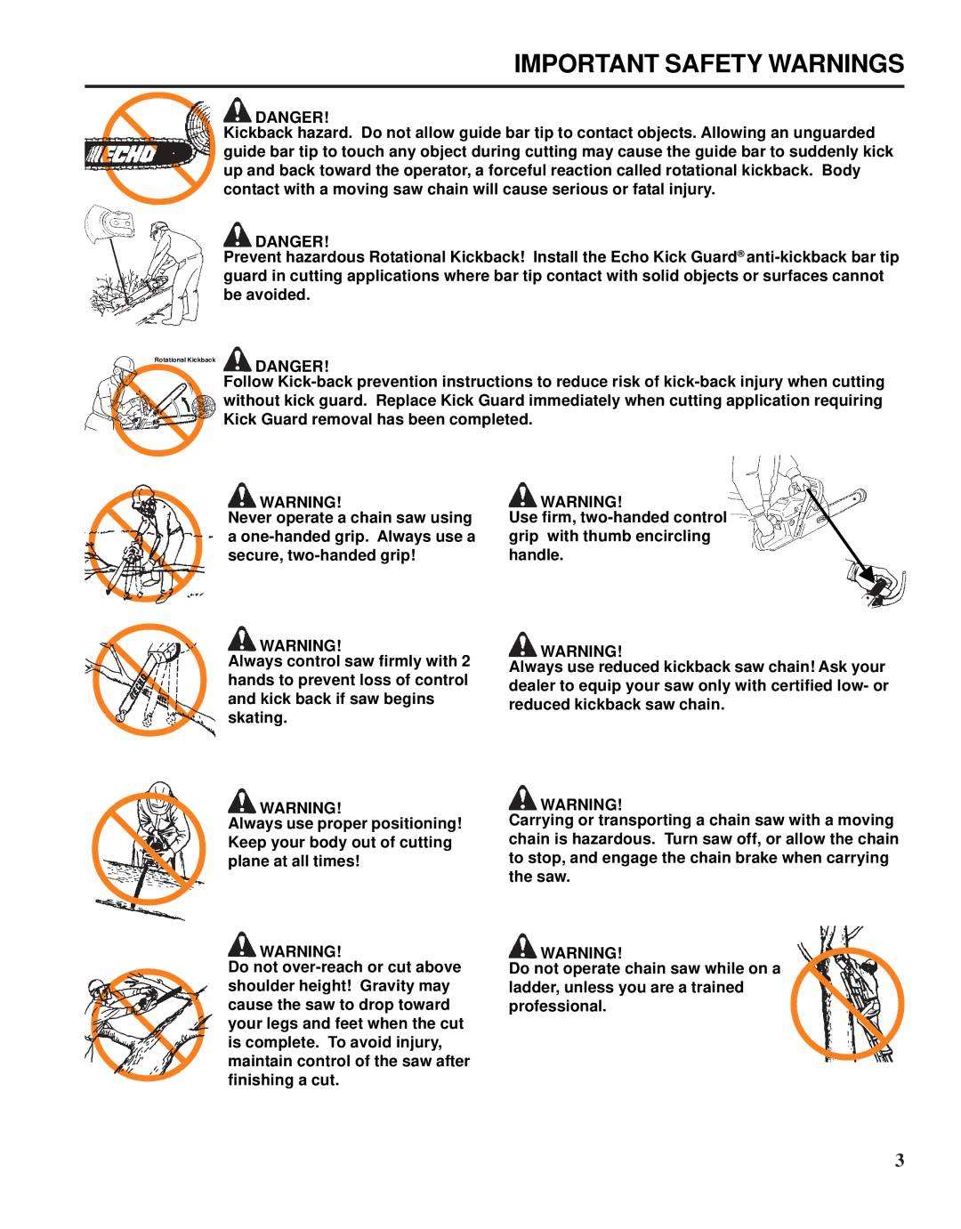 Echo X52000020 instruction manual Important Safety Warnings 