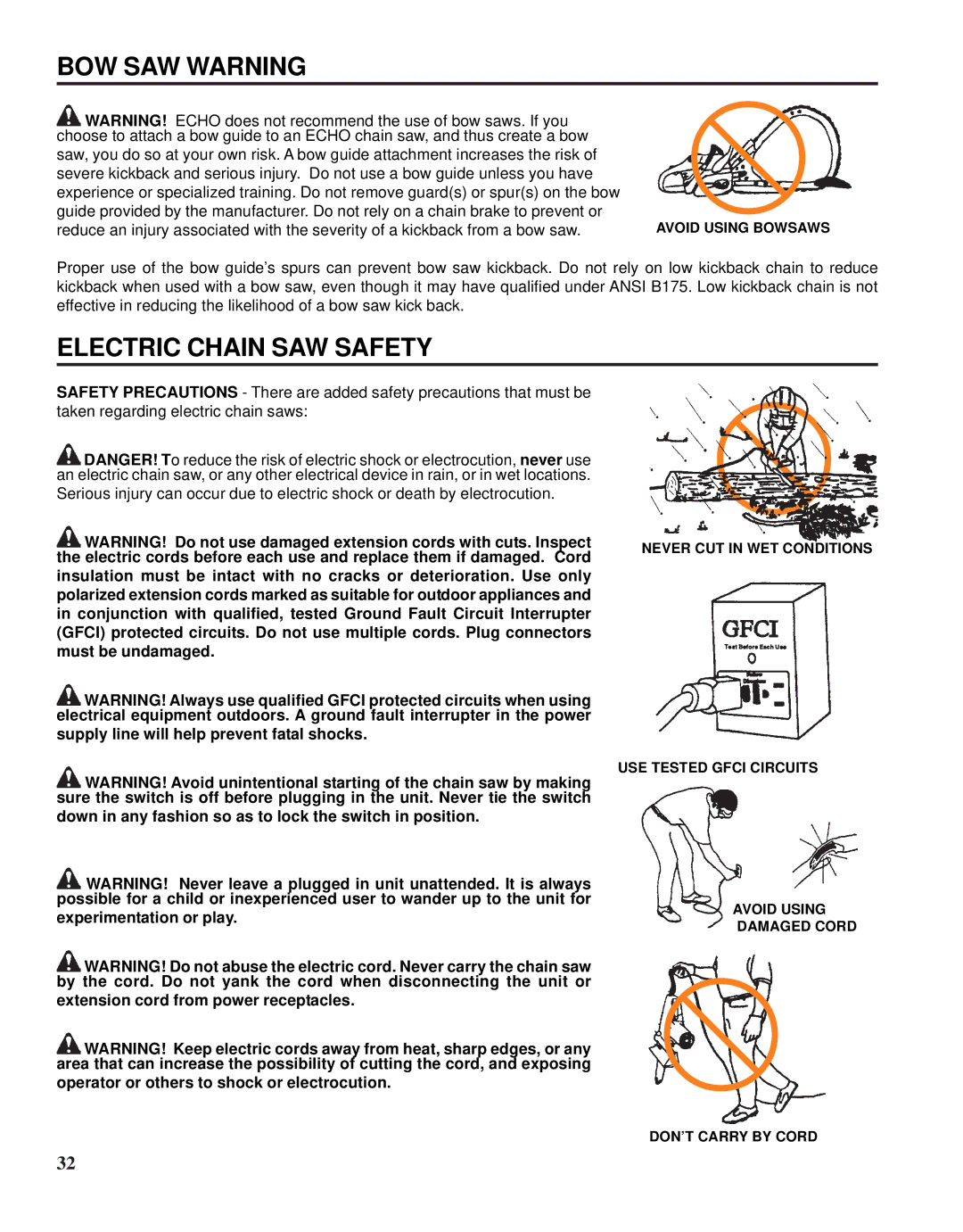 Echo X52000020 instruction manual BOW SAW Warning, Electric Chain SAW Safety 