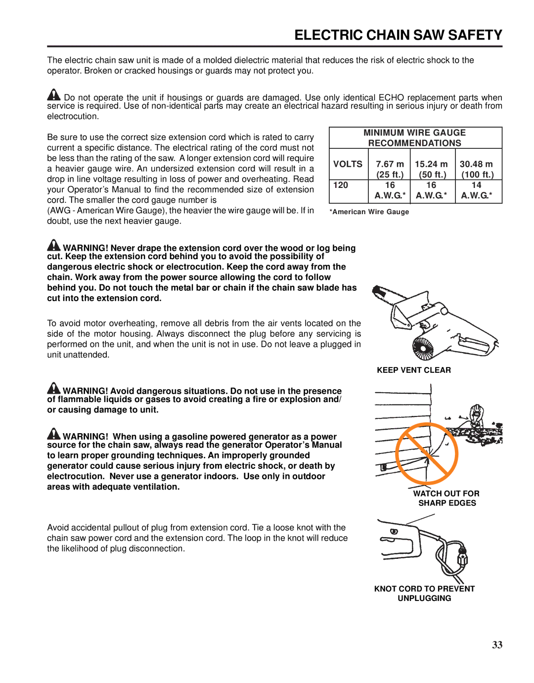 Echo X52000020 instruction manual Minimum Wire Gauge Recommendations Volts 