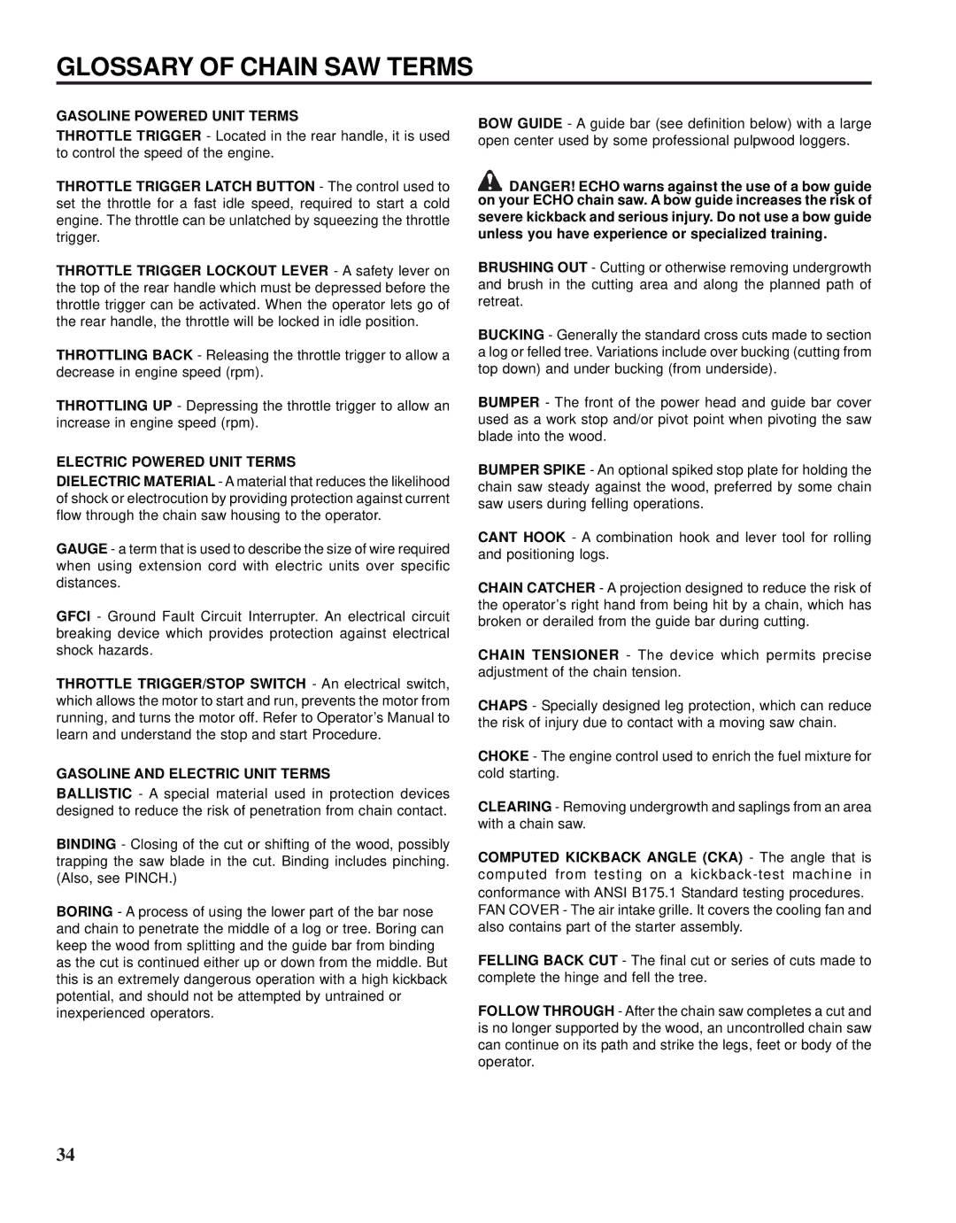 Echo X52000020 instruction manual Glossary of Chain SAW Terms, Gasoline Powered Unit Terms 