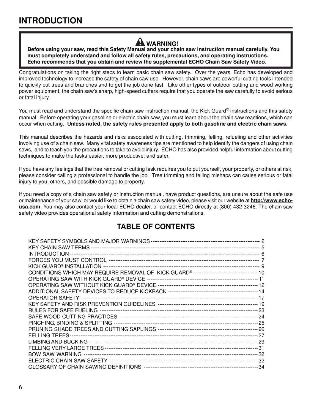 Echo X52000020 instruction manual Introduction, Table of Contents 