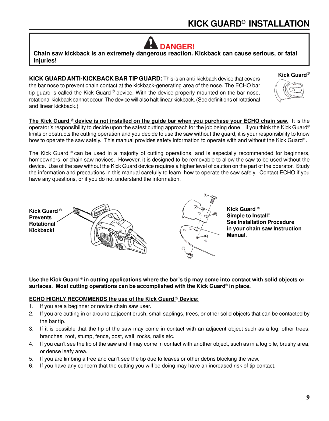 Echo X52000020 instruction manual Kick Guard Installation 