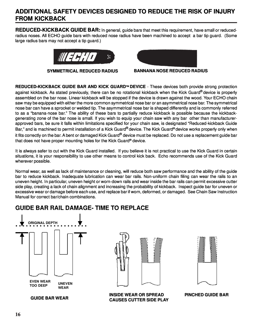 Echo X52000020 Guide Bar Rail Damage- Time To Replace, Symmetrical Reduced Radius, Bannana Nose Reduced Radius 