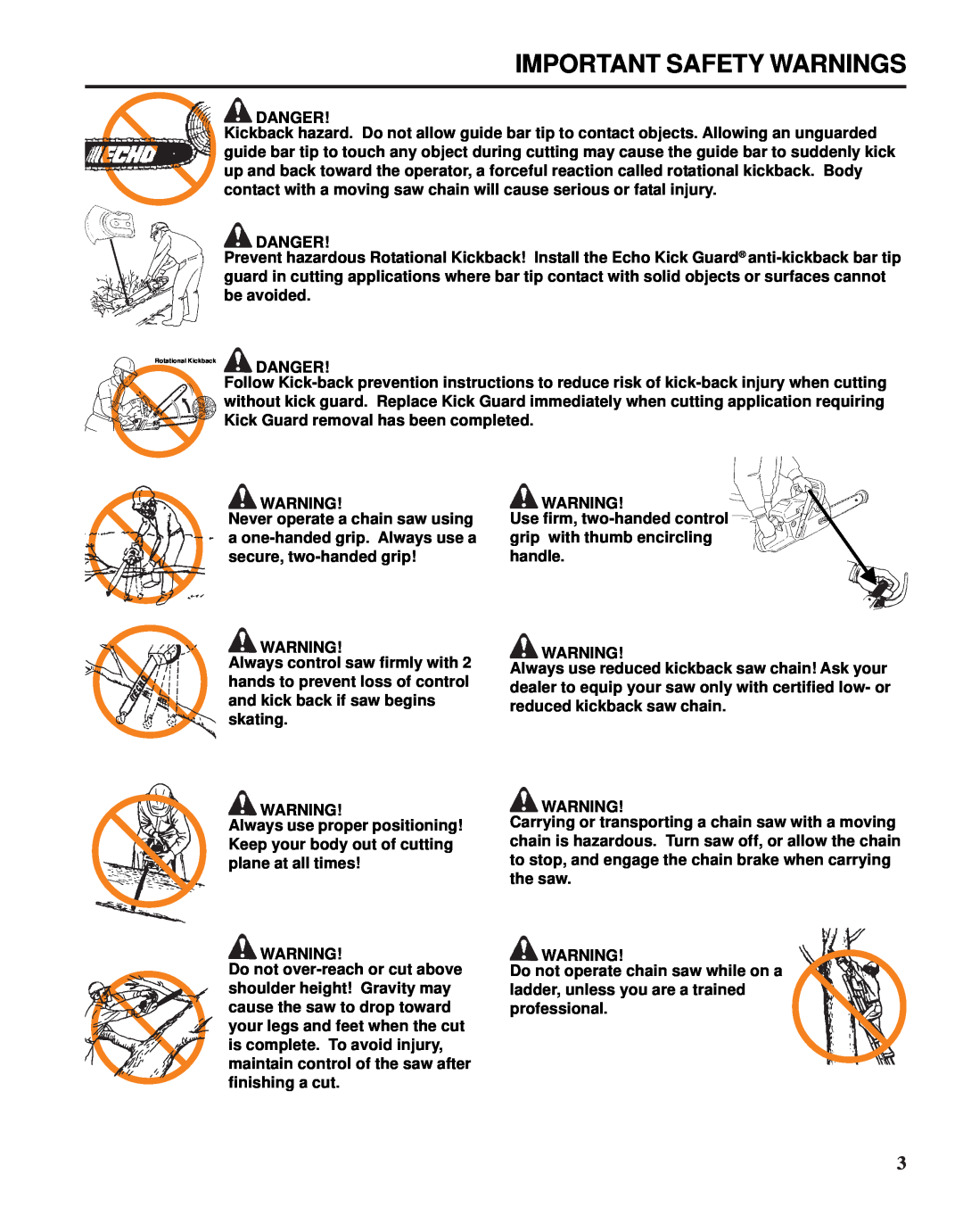 Echo X52000020 instruction manual Important Safety Warnings 