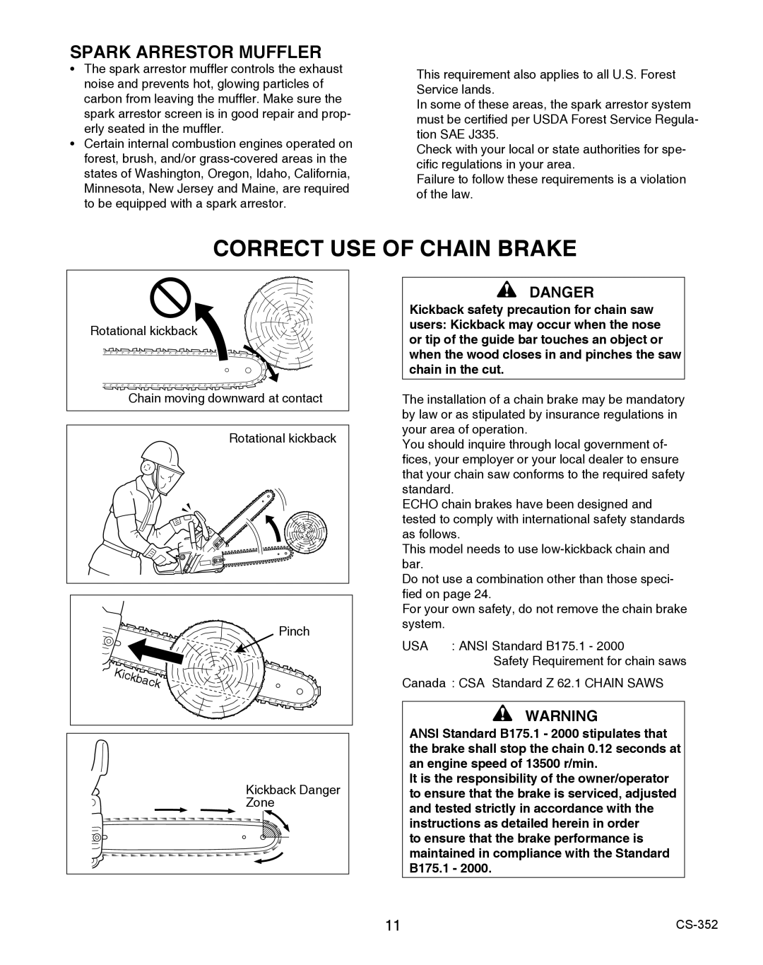 Echo X750020201 instruction manual Correct USE of Chain Brake, Spark Arrestor Muffler 