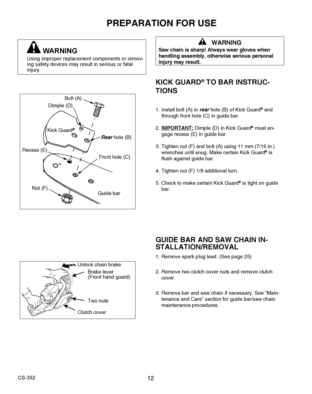 Echo X750020201 Preparation for USE, Kick Guard to BAR INSTRUC- Tions, Guide BAR and SAW Chain IN- STALLATION/REMOVAL 