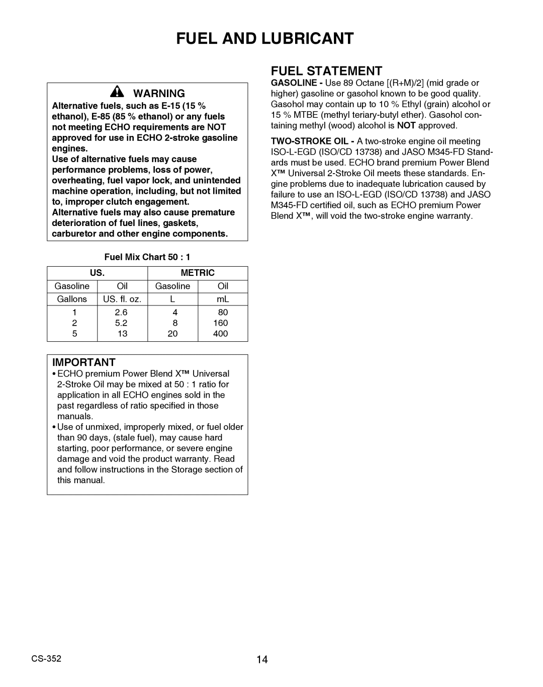 Echo X750020201 instruction manual Fuel and Lubricant, Fuel Statement 