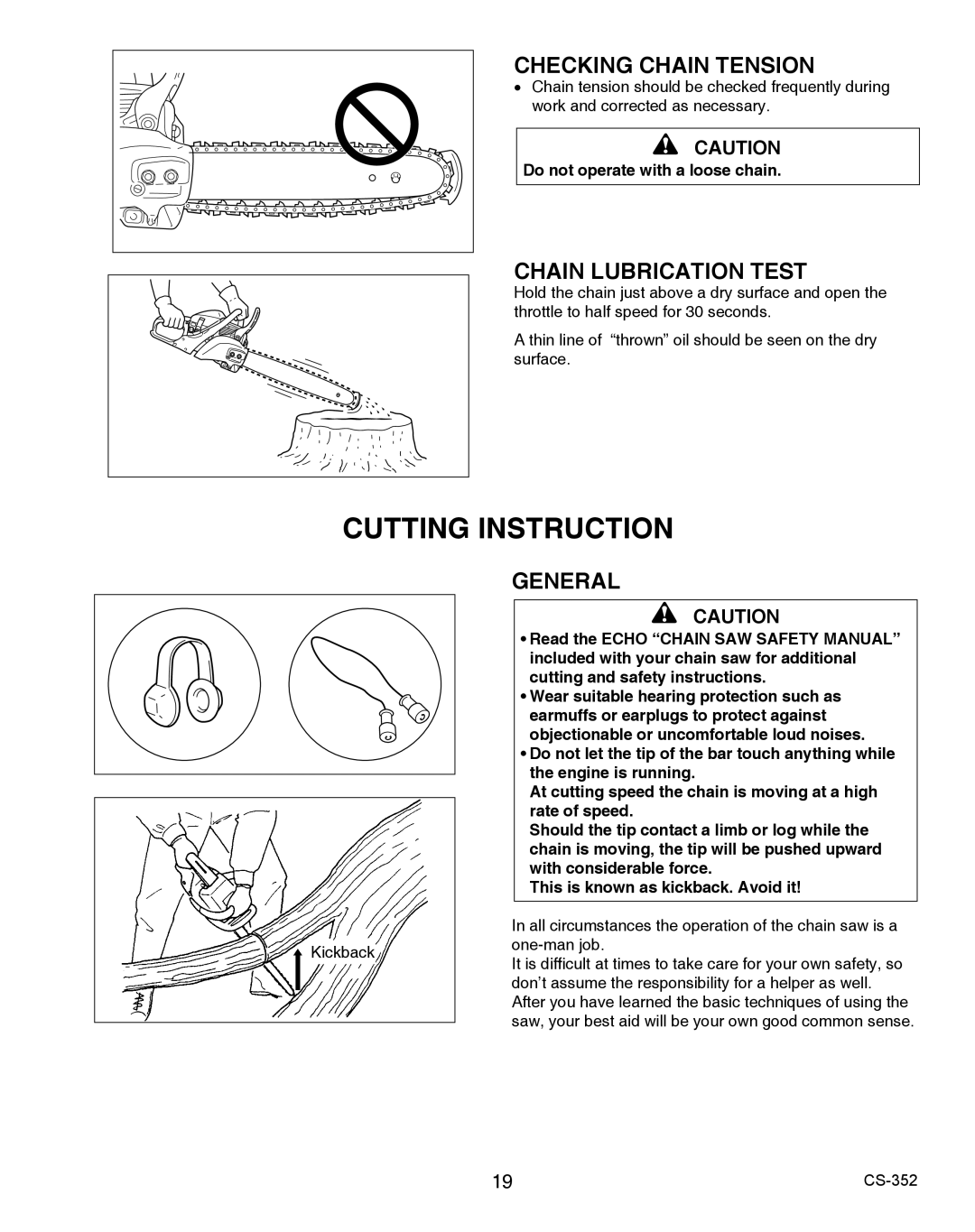 Echo X750020201 instruction manual Cutting Instruction, Checking Chain Tension, Chain Lubrication Test, General 