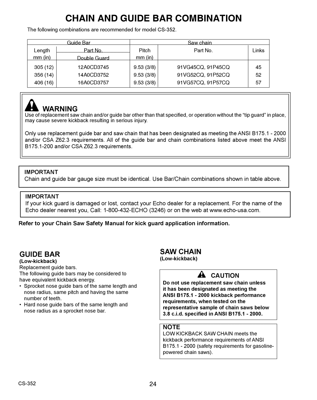 Echo X750020201 instruction manual Chain and Guide BAR Combination 